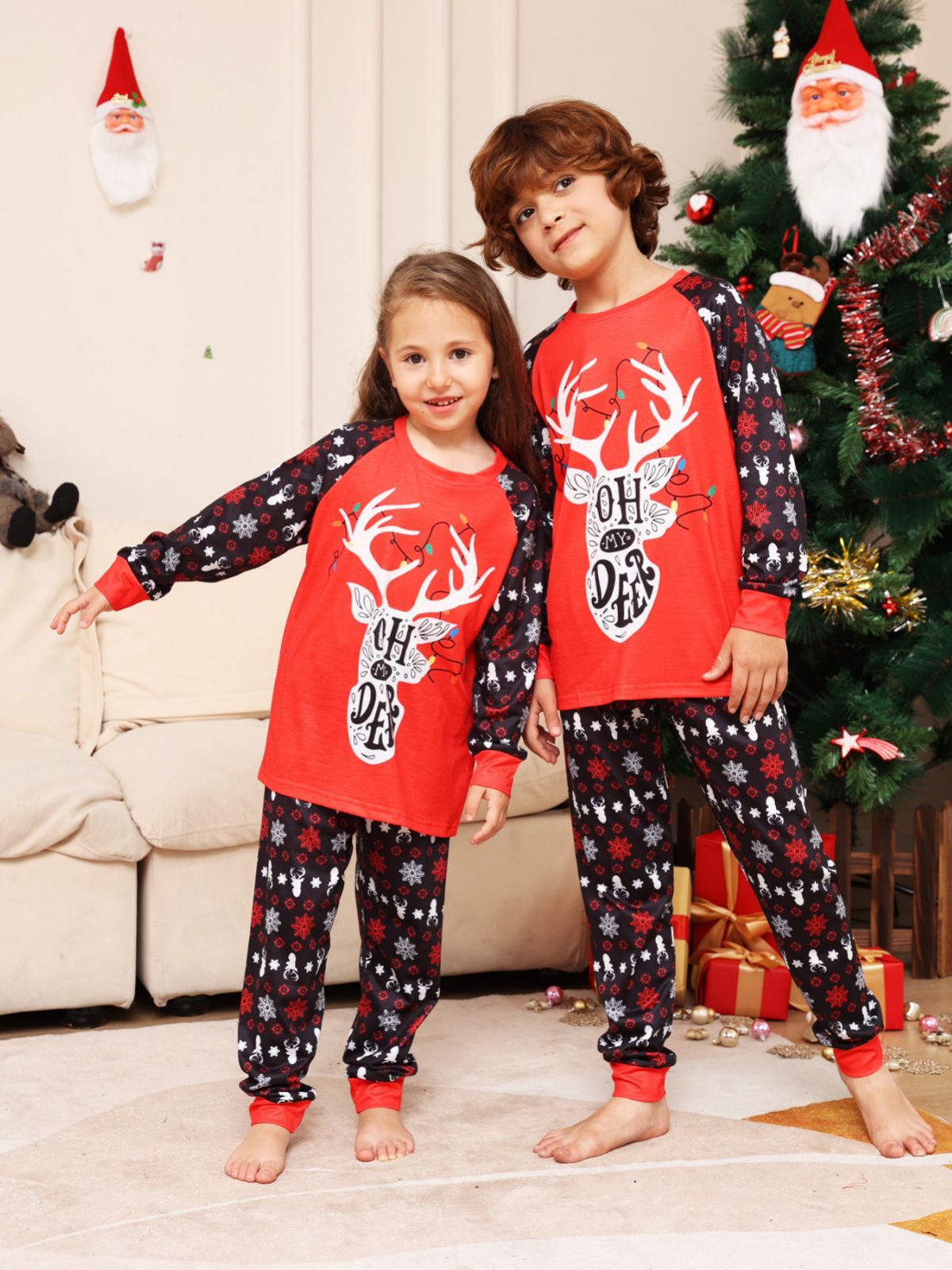 Christmas Family Pajamas Matching Set with Monogrammed Snowflake Fawns