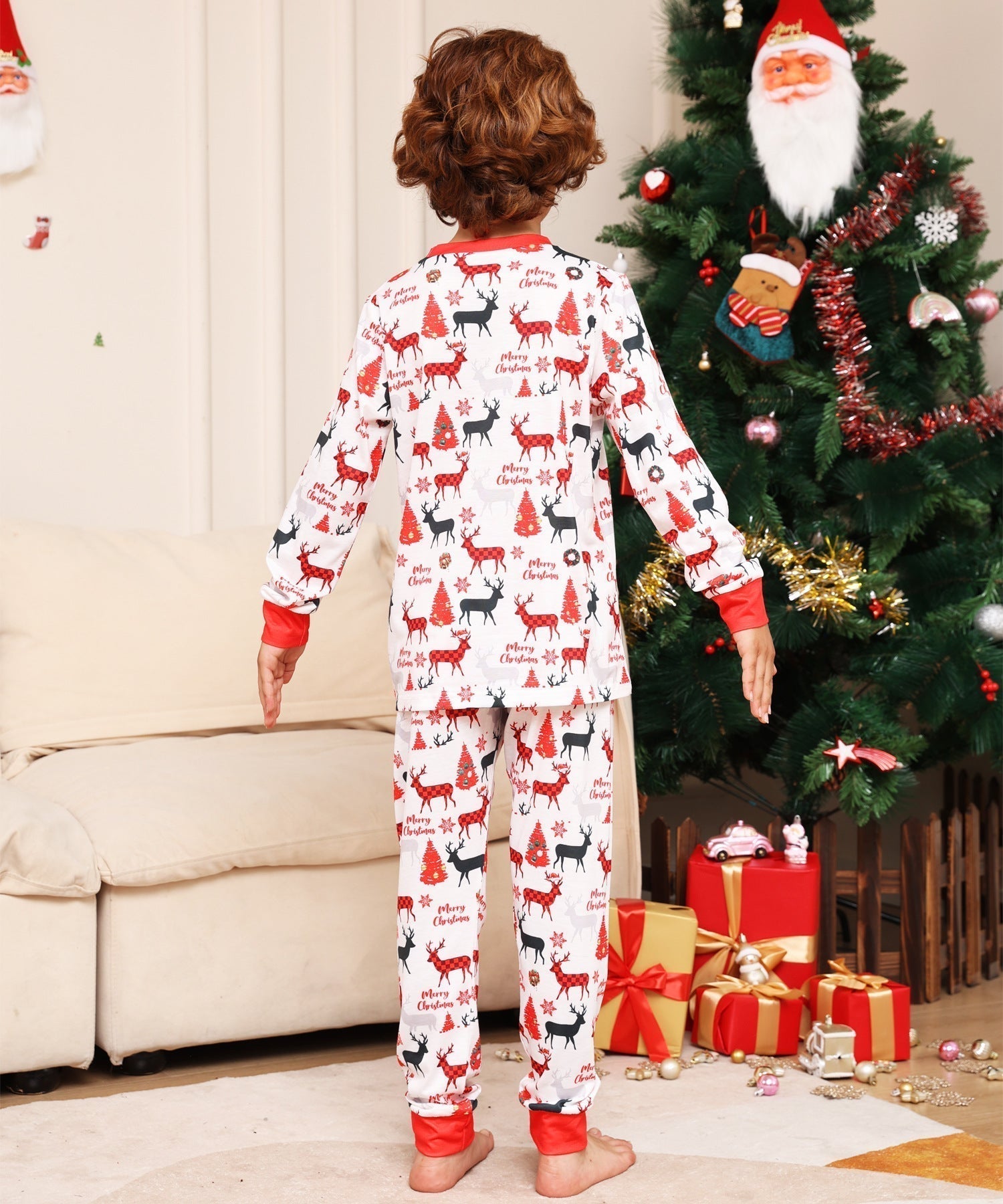 Christmas Parent-Child Pajamas with Monogrammed Cartoon Deer Prints