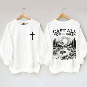 Cast All Your Cares Lord 1 Peter 5:7 Nature River Fishing Boat Sweatshirt