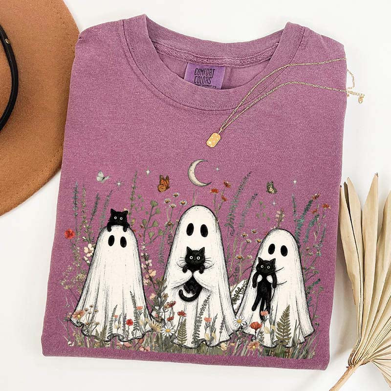 Vintage Whimsical Ghost Black Cat T-Shirt