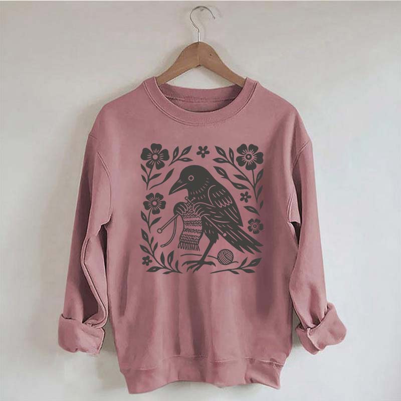 Crow Knitting Linocut Style Bird Sweatshirt