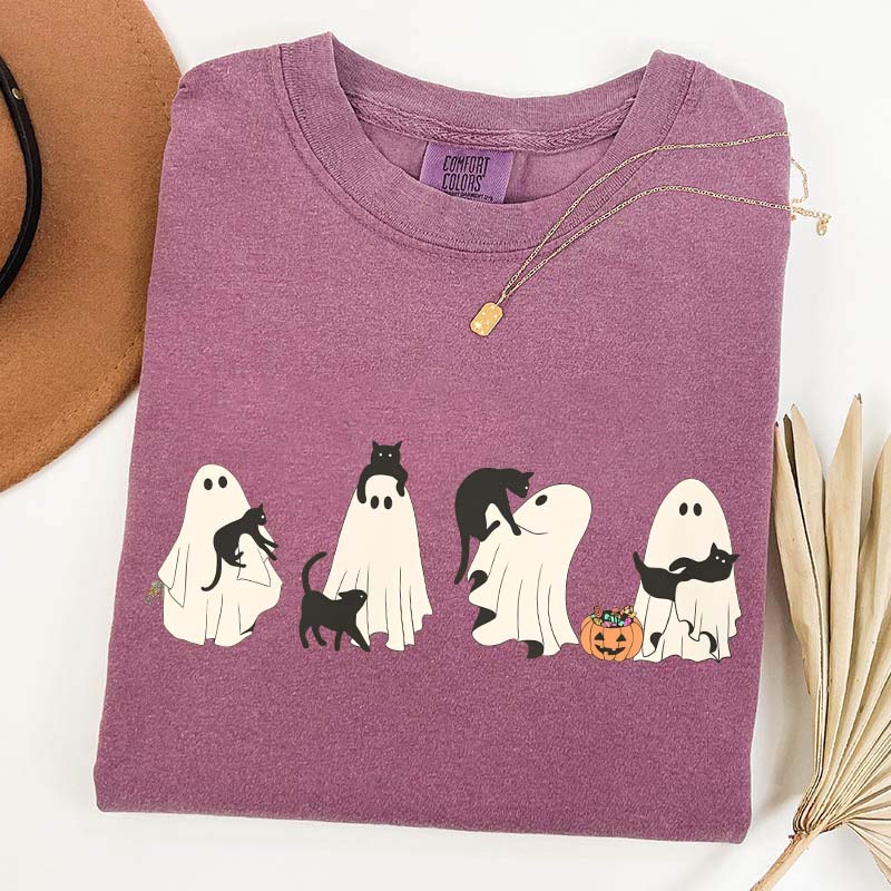 Halloween Black Cat & Ghost Women T-Shirt