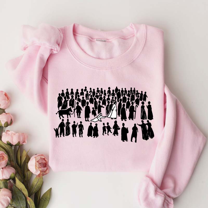 Woman Touches Religous Sweatshirt