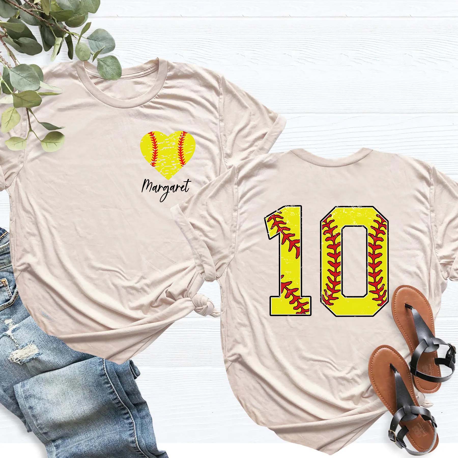 Custom Number And Name Softball Heart T-Shirt