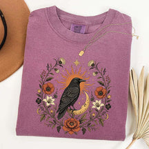 Retro Sun Crow Gothic Raven Celestial Moon Floral T-Shirt