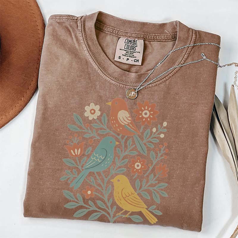 Boho Cottagecore Birds and Flowers T-Shirt
