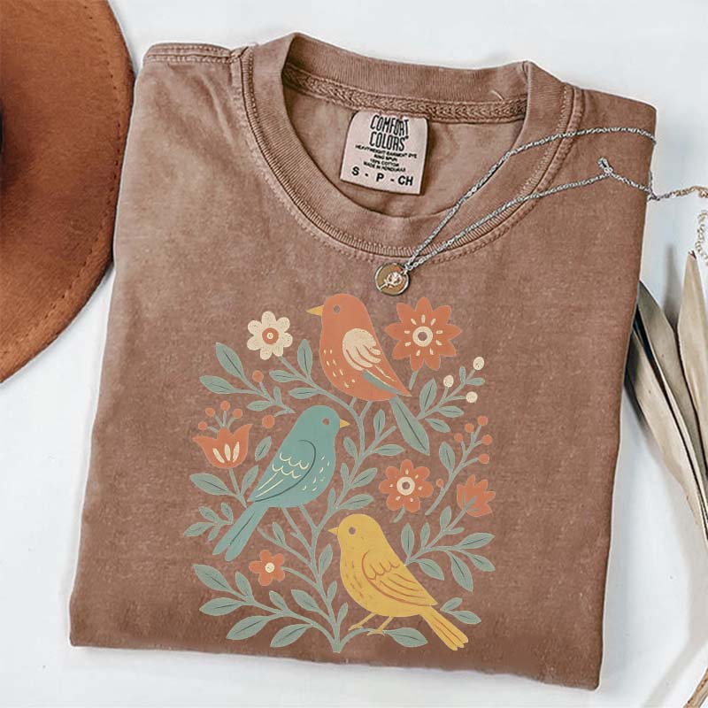 Boho Cottagecore Birds and Flowers T-Shirt