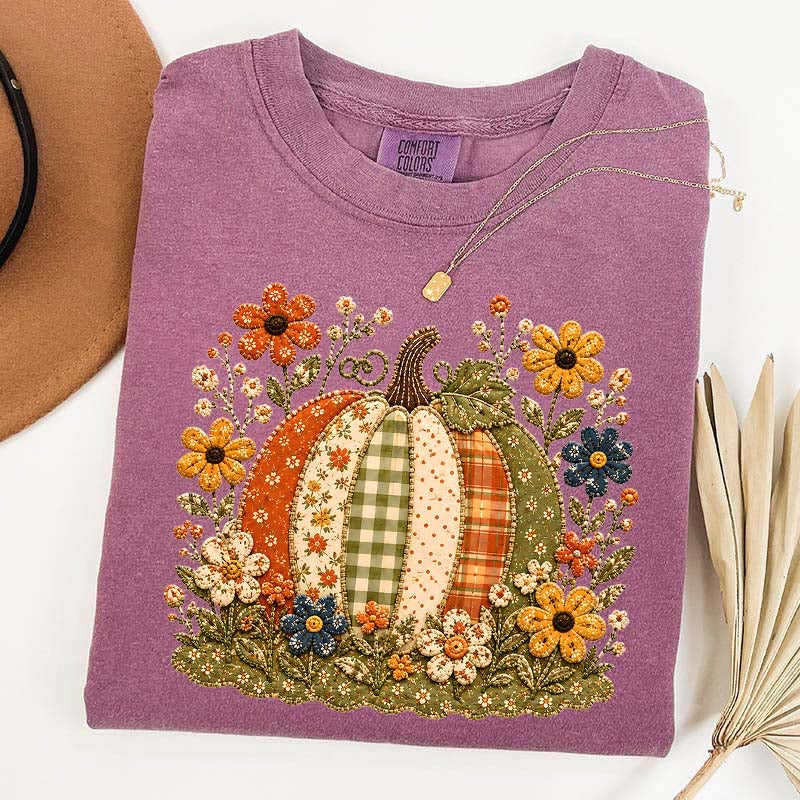 Faux Patchwork Floral Pumpkin T-Shirt