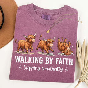 Highland Cow Walking By Faith Tripping Constantly T-Shirt