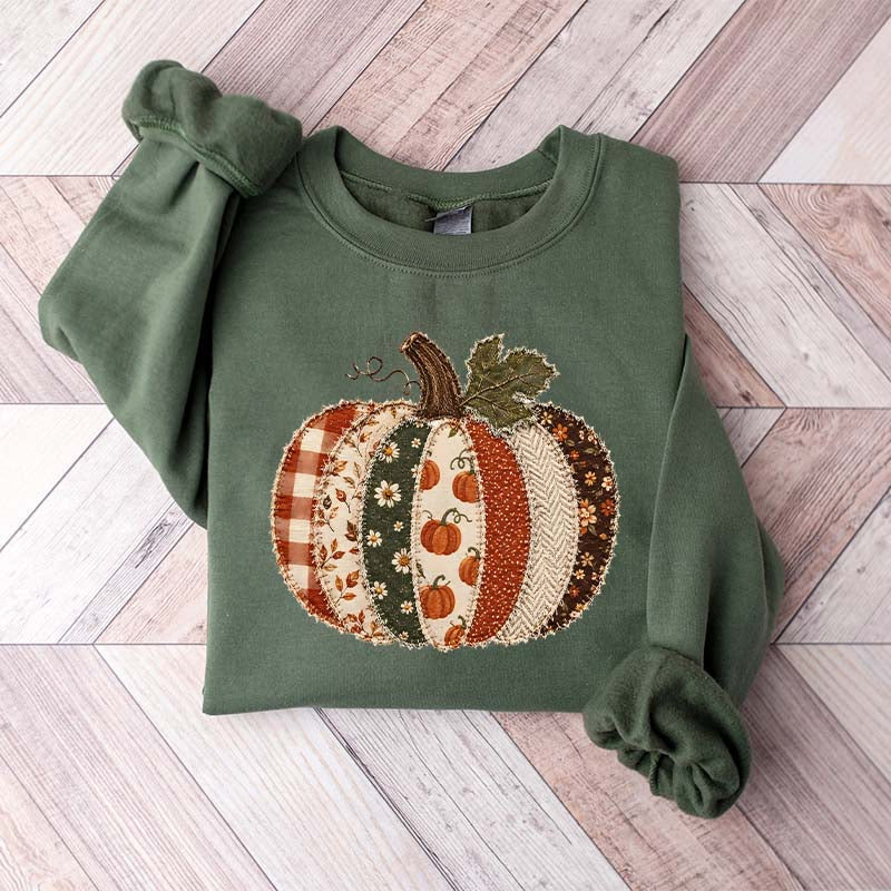 Faux Patchwork Fall Pumpkin Printed Sweatshirt