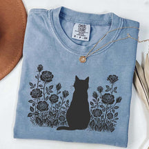 Cottagecore Cat Owner Rose Black T-Shirt