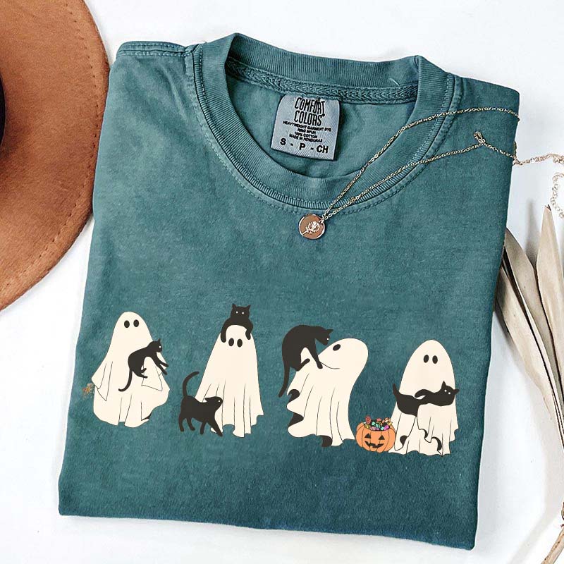 Halloween Black Cat & Ghost Women T-Shirt