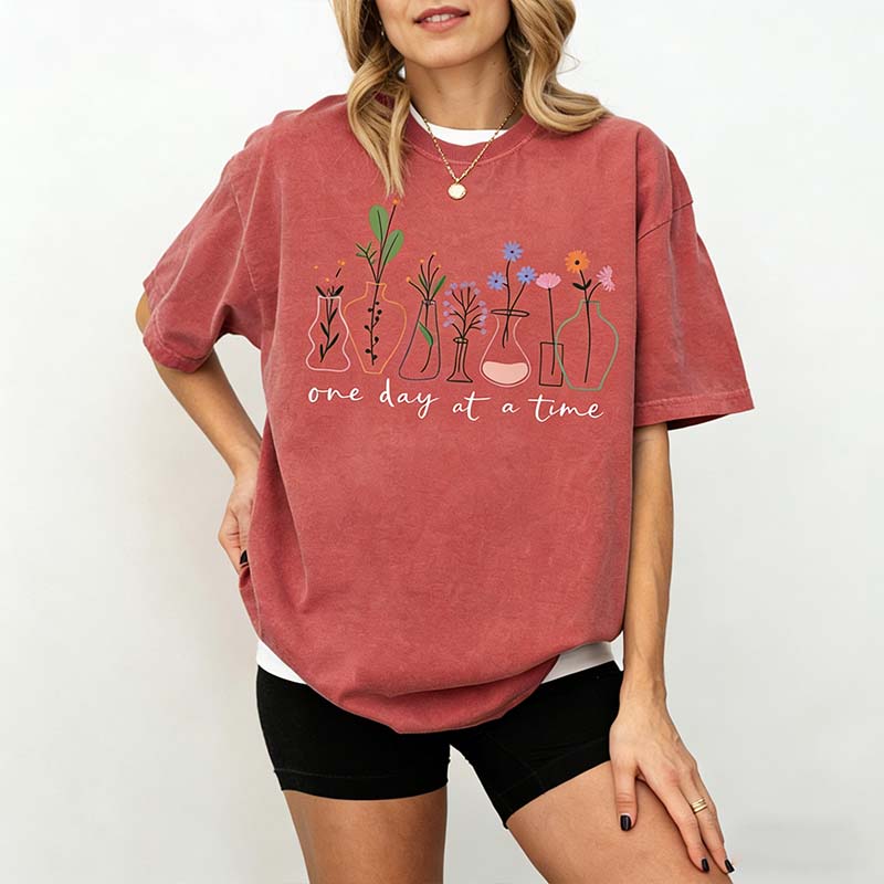 One Day At a Time Motivational  Floral T-Shirt
