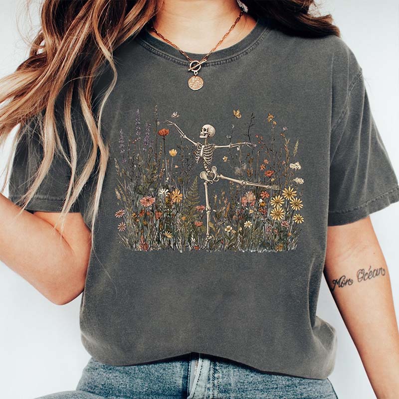 Skeleton Dancing Arabesque Wildflower Botanical Floral T-Shirt