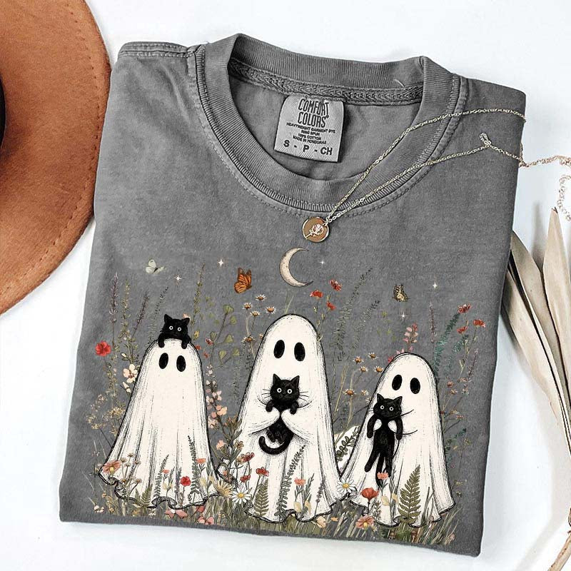 Vintage Whimsical Ghost Black Cat T-Shirt