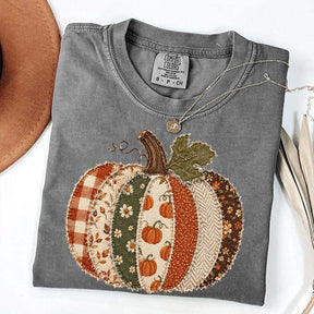 Faux Patchwork Fall Pumpkin Printed T-Shirt