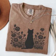 Cottagecore Cat Owner Rose Black T-Shirt