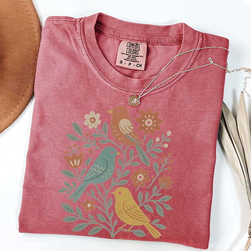 Boho Cottagecore Birds and Flowers T-Shirt
