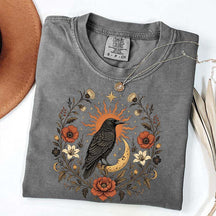Retro Sun Crow Gothic Raven Celestial Moon Floral T-Shirt