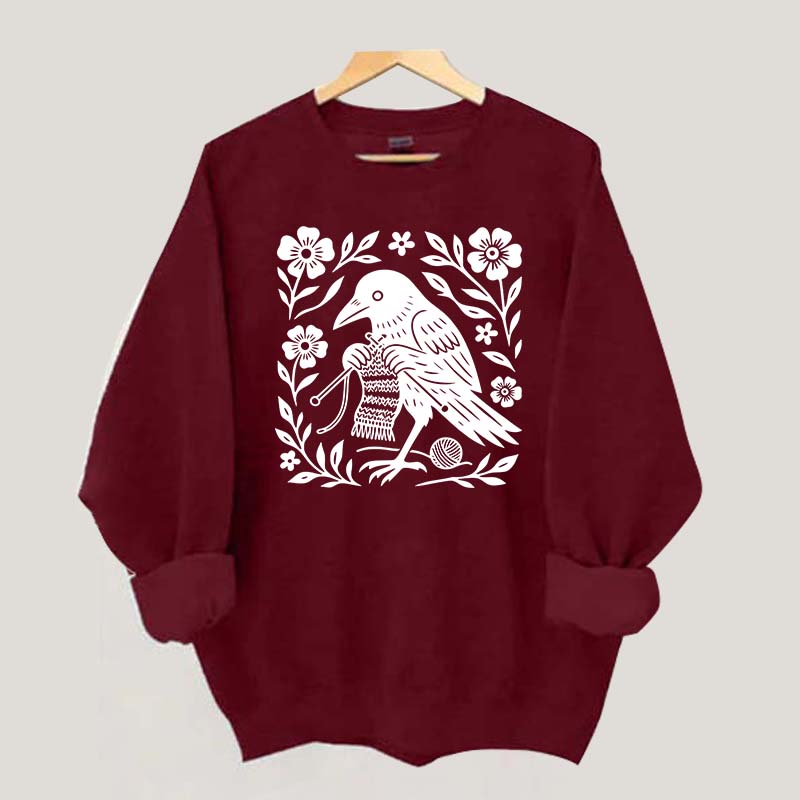Crow Knitting Linocut Style Bird Sweatshirt