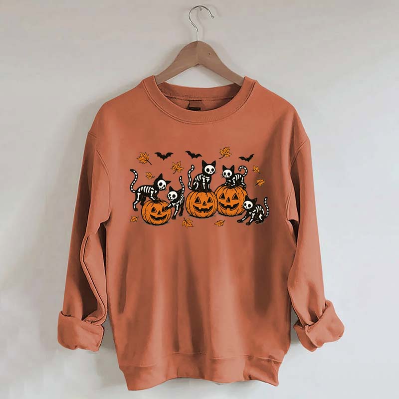 Retro Skeleton Fall Black Cat Pumpkin Sweatshirt
