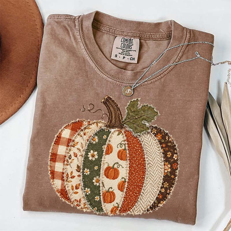 Faux Patchwork Fall Pumpkin Printed T-Shirt