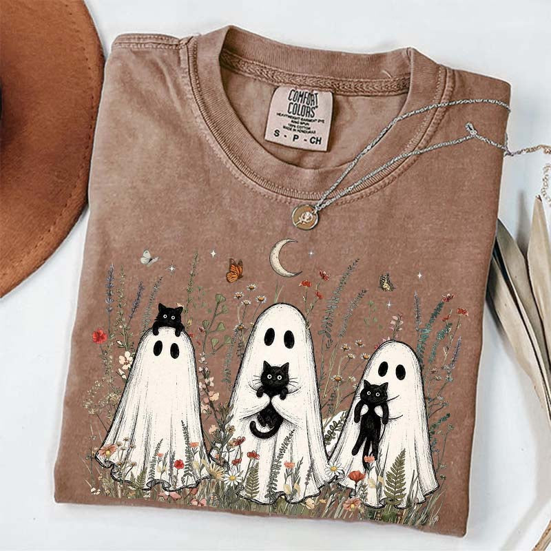 Vintage Whimsical Ghost Black Cat T-Shirt