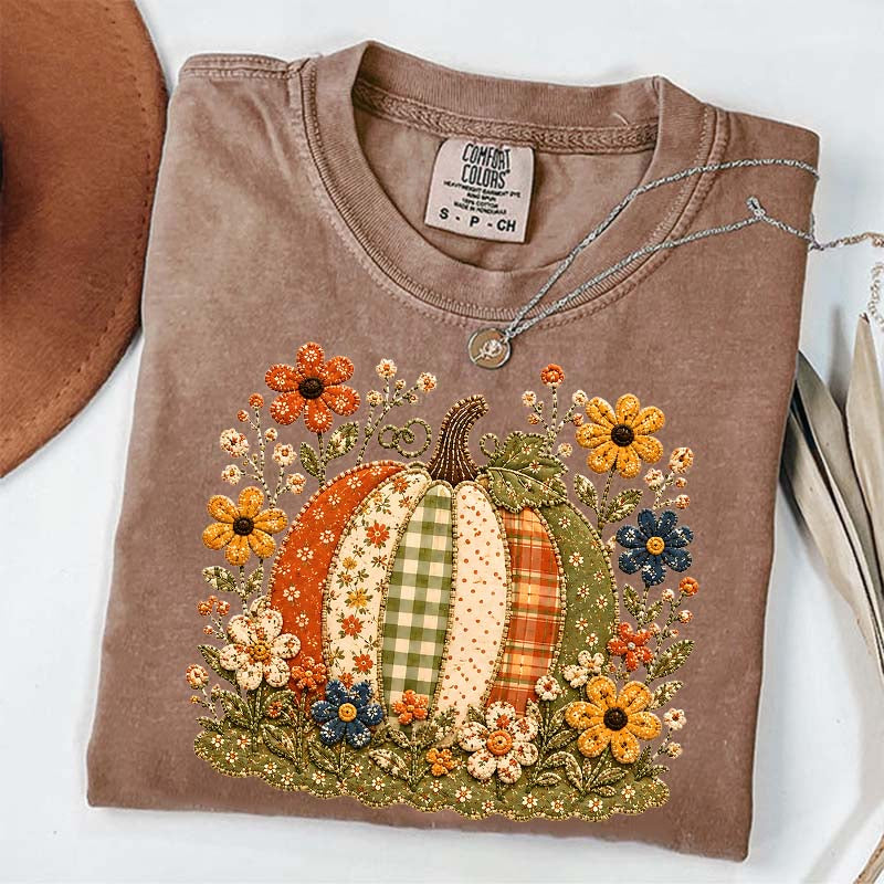 Faux Patchwork Floral Pumpkin T-Shirt