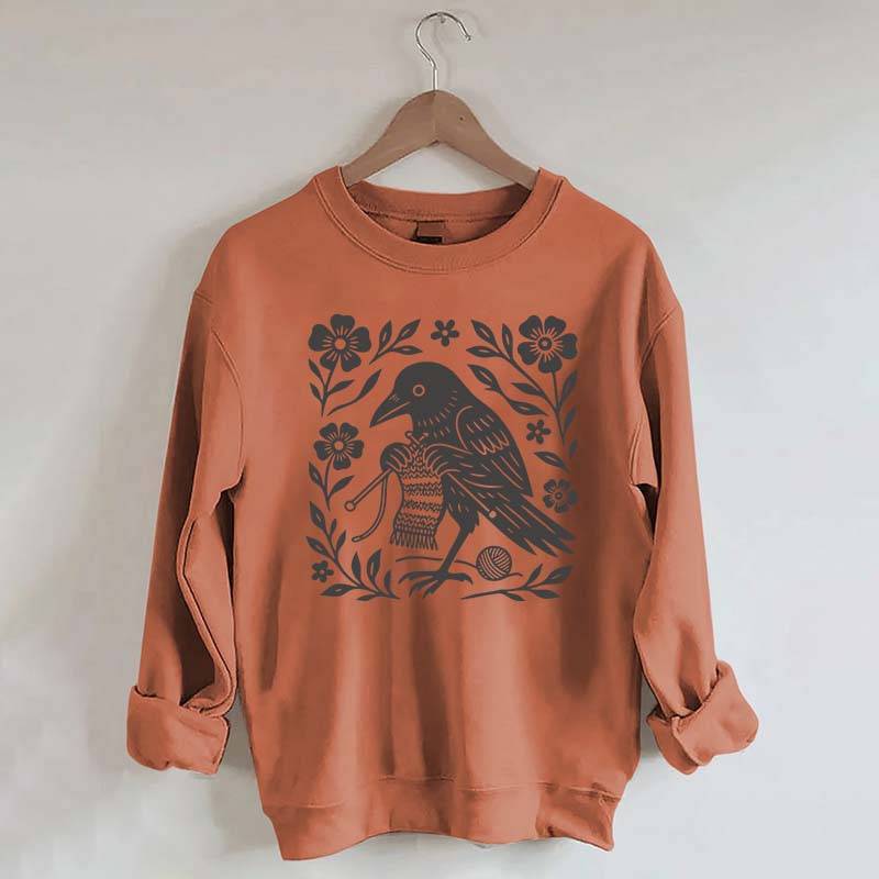 Crow Knitting Linocut Style Bird Sweatshirt