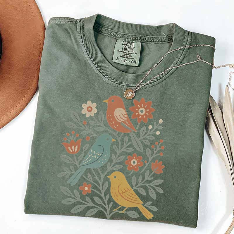 Boho Cottagecore Birds and Flowers T-Shirt