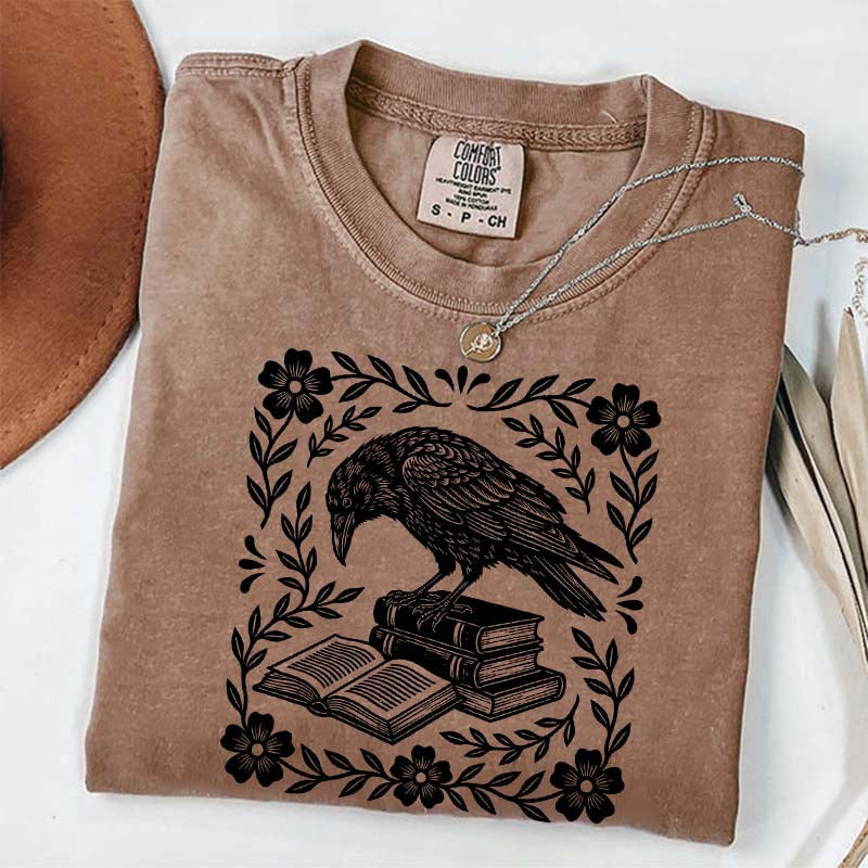 Retro Bookish Raven Linocut T-Shirt
