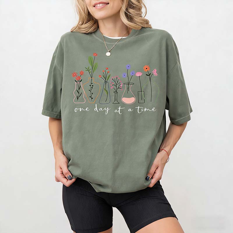One Day At a Time Motivational  Floral T-Shirt