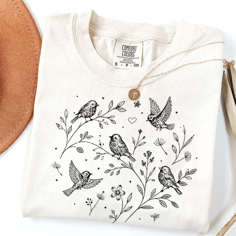 Boho Botanical Birds Sparrow T-Shirt