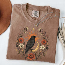 Retro Sun Crow Gothic Raven Celestial Moon Floral T-Shirt