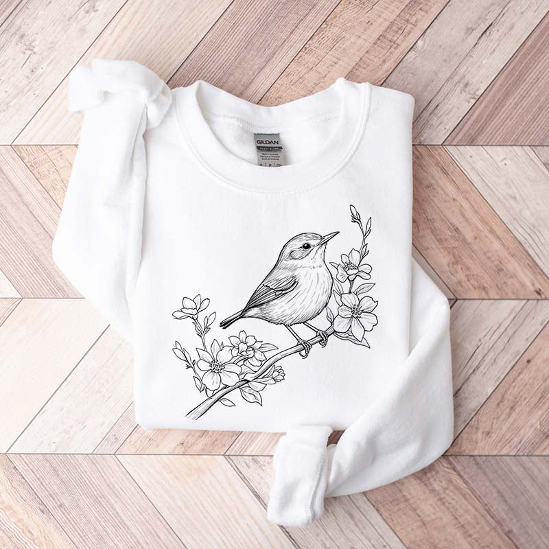 Cute Botanical Bird Graphic Sweatshirt