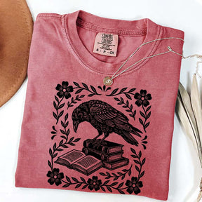 Retro Bookish Raven Linocut T-Shirt
