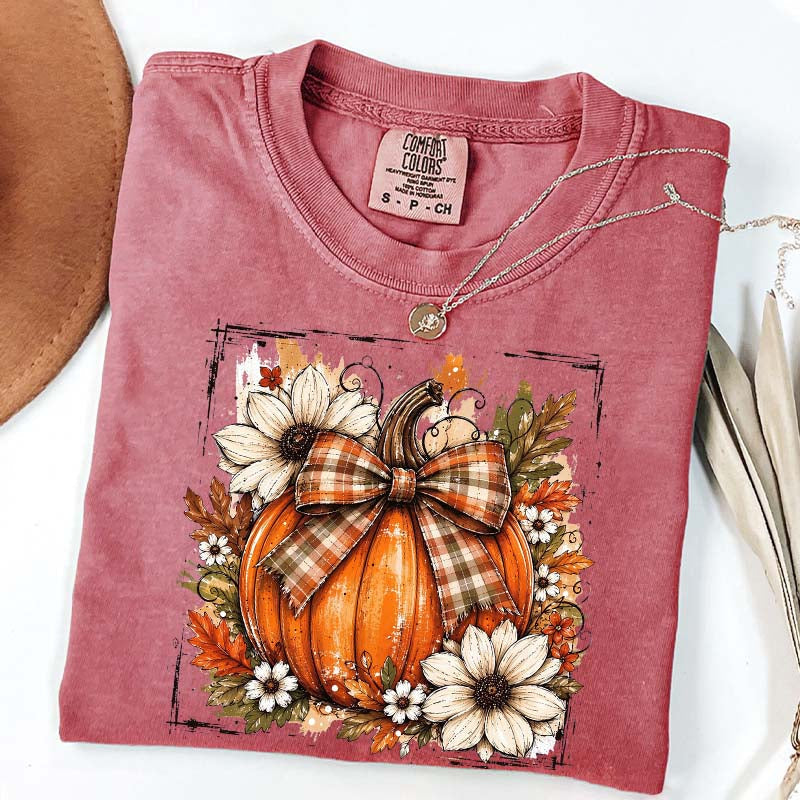 Pumpkin Bow Fall Graphic Floral T-Shirt