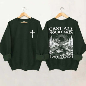 Cast All Your Cares Lord 1 Peter 5:7 Nature River Fishing Boat Sweatshirt