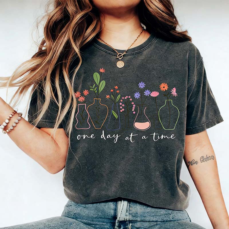 One Day At a Time Motivational  Floral T-Shirt