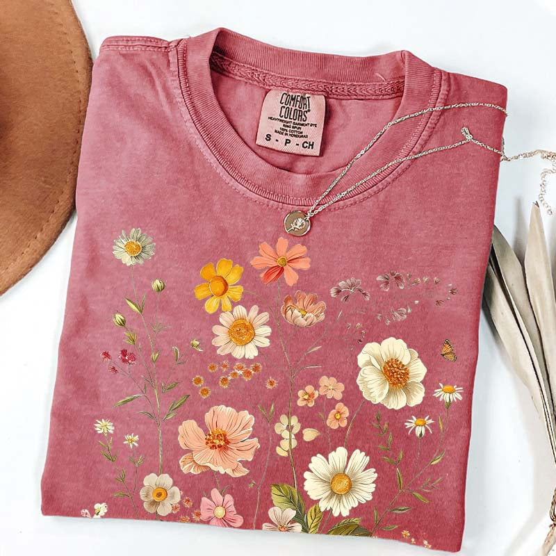 Vintage Delicate Printed Wild Flowers Boho T-Shirt