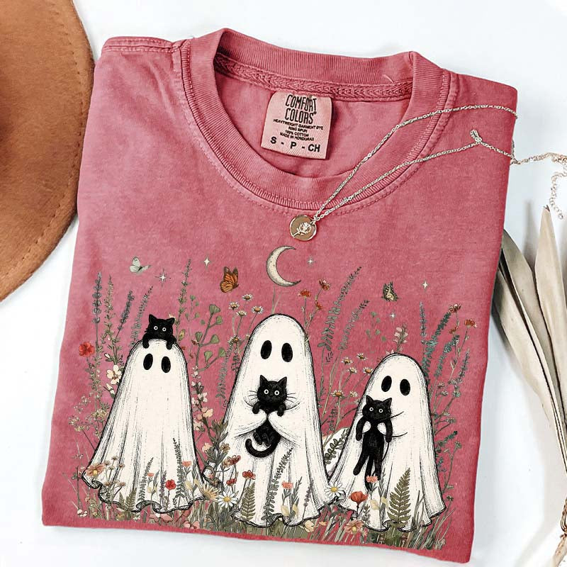 Vintage Whimsical Ghost Black Cat T-Shirt