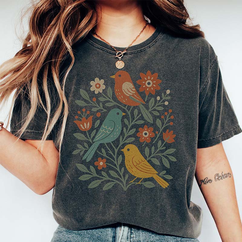 Boho Cottagecore Birds and Flowers T-Shirt