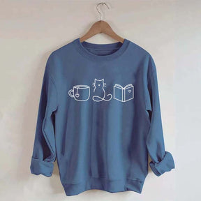 Cute Minimalist Cat Tea Books Sweatshirt