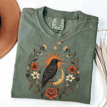 Retro Sun Crow Gothic Raven Celestial Moon Floral T-Shirt
