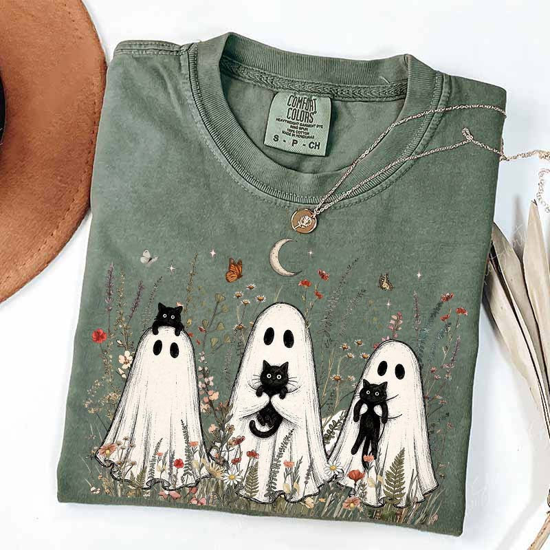 Vintage Whimsical Ghost Black Cat T-Shirt
