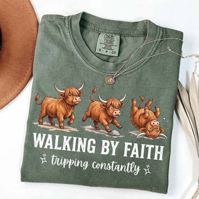 Highland Cow Walking By Faith Tripping Constantly T-Shirt