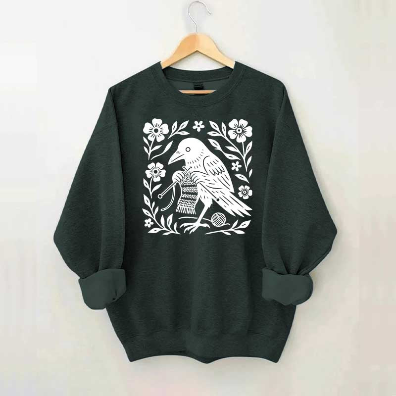 Crow Knitting Linocut Style Bird Sweatshirt