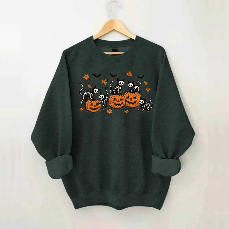 Retro Skeleton Fall Black Cat Pumpkin Sweatshirt