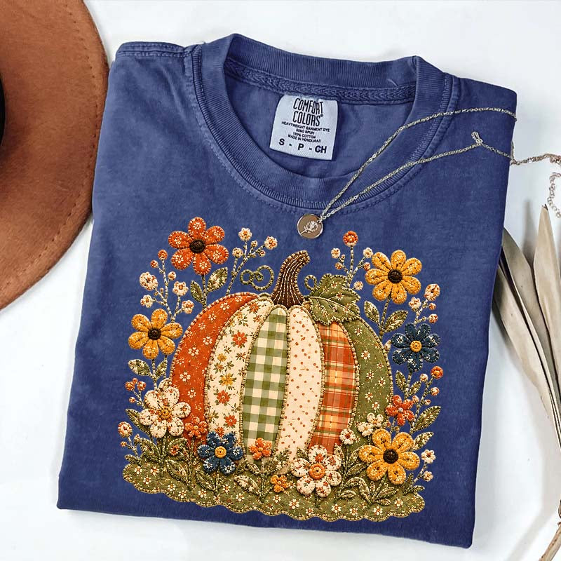Faux Patchwork Floral Pumpkin T-Shirt