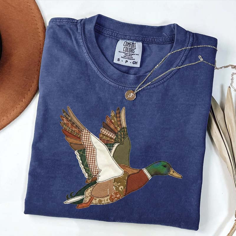Faux Patchwork Mallard Duck Hunting Printed T-Shirt